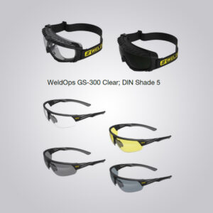 WeldOps GS-300 WeldOps XF-400  WeldOps GS-300 goggles feature indirect venting to guard against chemical splashes while still permitting airflow. An ultra-soft face seal allows a perfect fit on most facial profiles. The wide, adjustable elastic strap ensures a tight fit, and the low-profile anti-fog coated lens delivers clear vision in all conditions. Available in a clear or shade 5 lens for brazing, make these your go-to safety goggles for maximum protection and comfort on the job. WeldOps XF-400 eyewear is made to handle any job in style, including drilling, chipping and metalworking. Its sleek half-frame design enhances low-angle viewing, and the bayonet-style temples with dual-material cushions and grips ensure a comfortable and secure fit. The included microfibre storage bag and anti-scratch coating protect and extend lens lifetime. Don’t settle for less – upgrade to WeldOps XF-400 for stylish, durable eye protection.